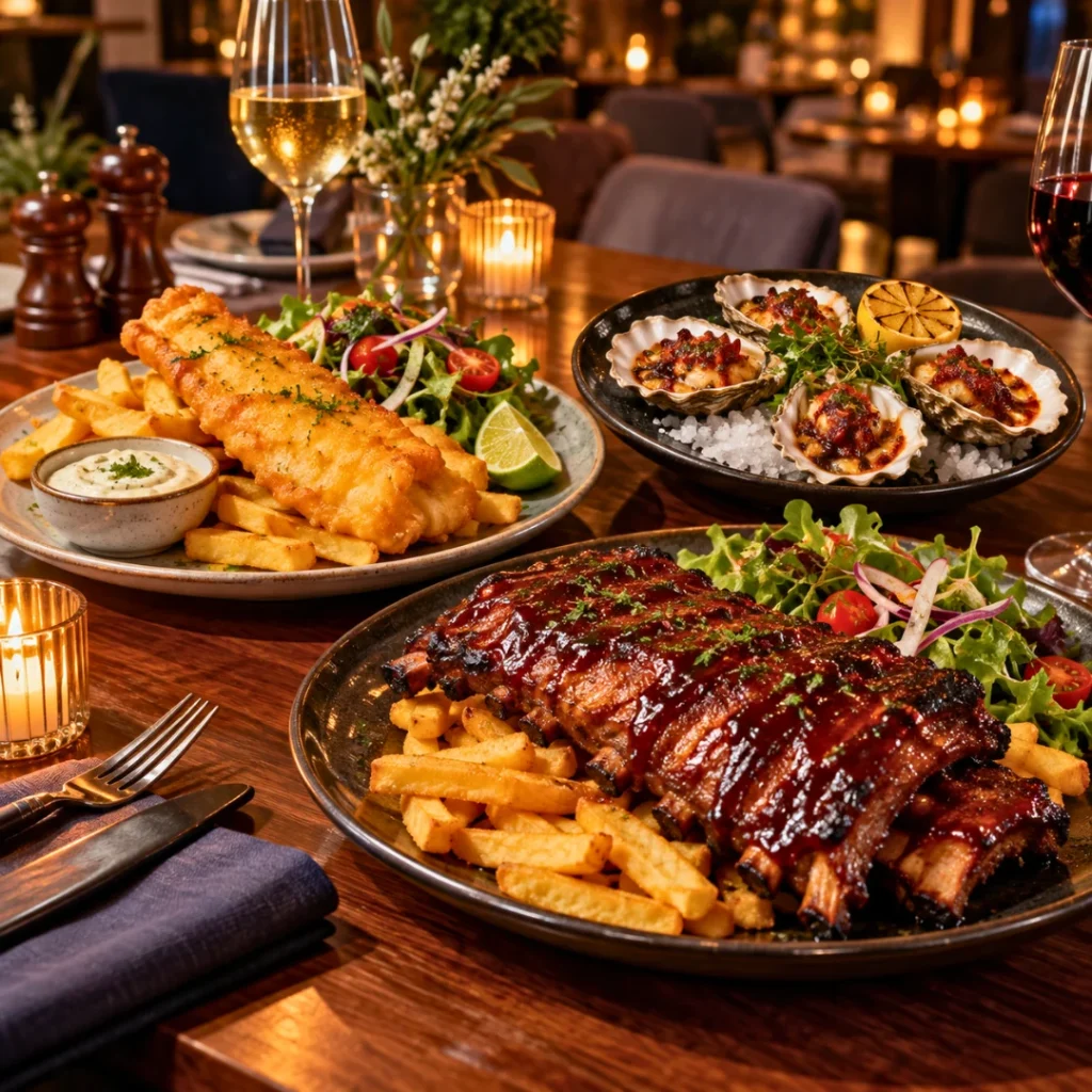 Fish and chips, oysters and glazed ribs served at Gusti Bar & Restaurant in Perth.
